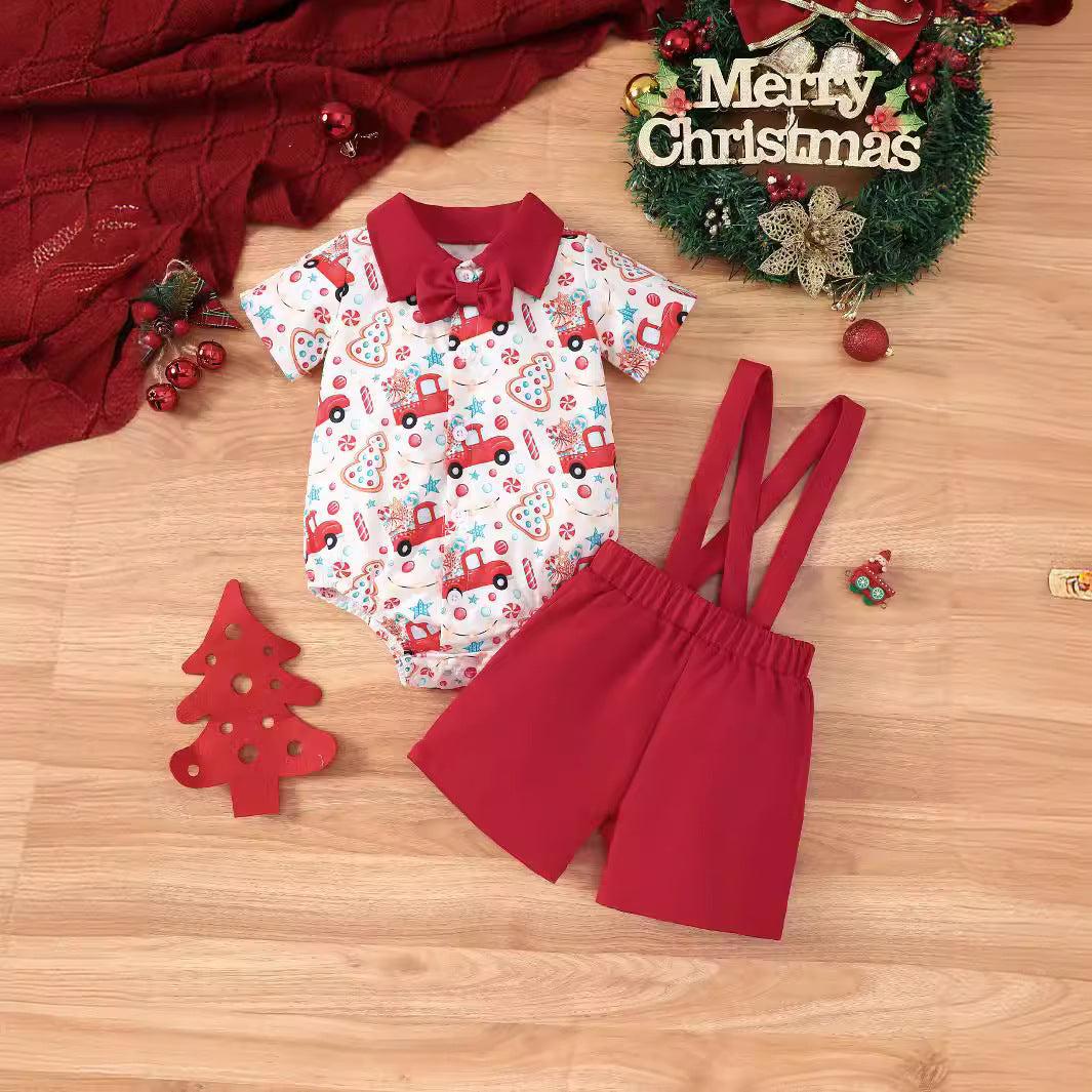 Adorable Baby Boy Christmas Suit with Suspenders